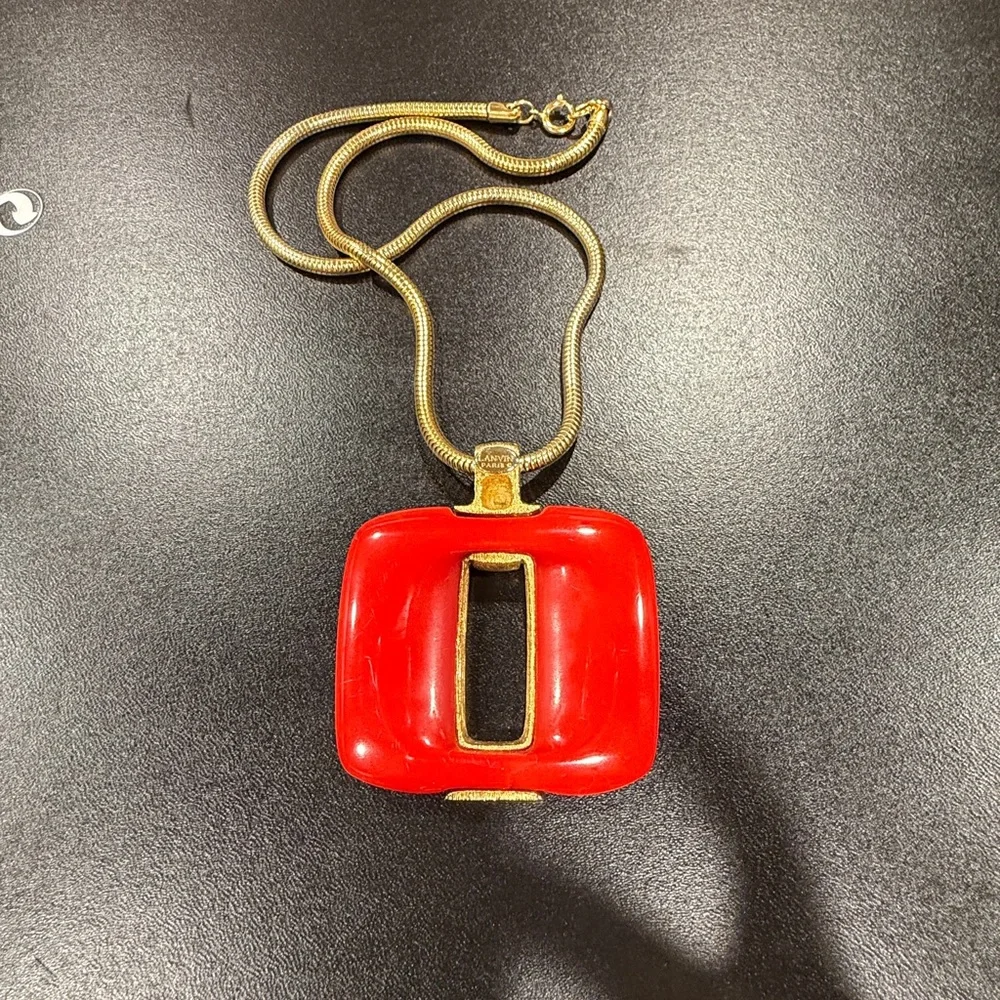LANVIN Vintage 1970s Gold Plated and Red Pendant Keyhole Necklace w/ Snake Chain